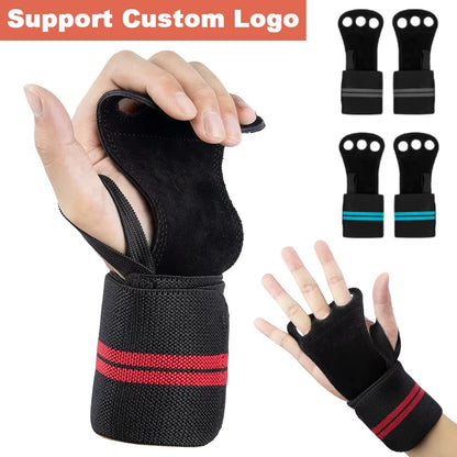 3 Holes Gymnastics Hand Grips Cowhide Leather with Wrist Straps Training Palm Finger Protection Weight Lifting Exercise