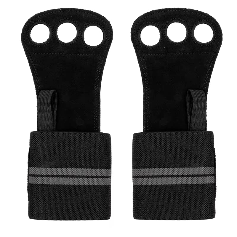 3 Holes Gymnastics Hand Grips Cowhide Leather with Wrist Straps Training Palm Finger Protection Weight Lifting Exercise