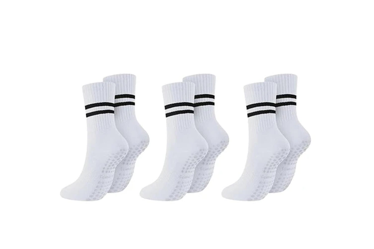 3 Pairs Yoga Socks Non-Slip Grips Anti-Skid Pilates Barre Dance Cushioned Socks-Whtie