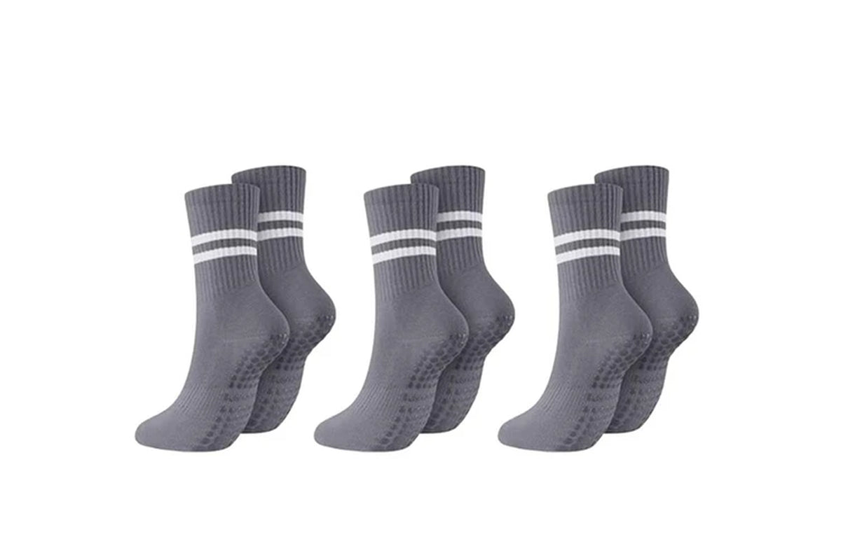 3 Pairs Yoga Socks Non-Slip Grips Anti-Skid Pilates Barre Dance Cushioned Socks-Grey