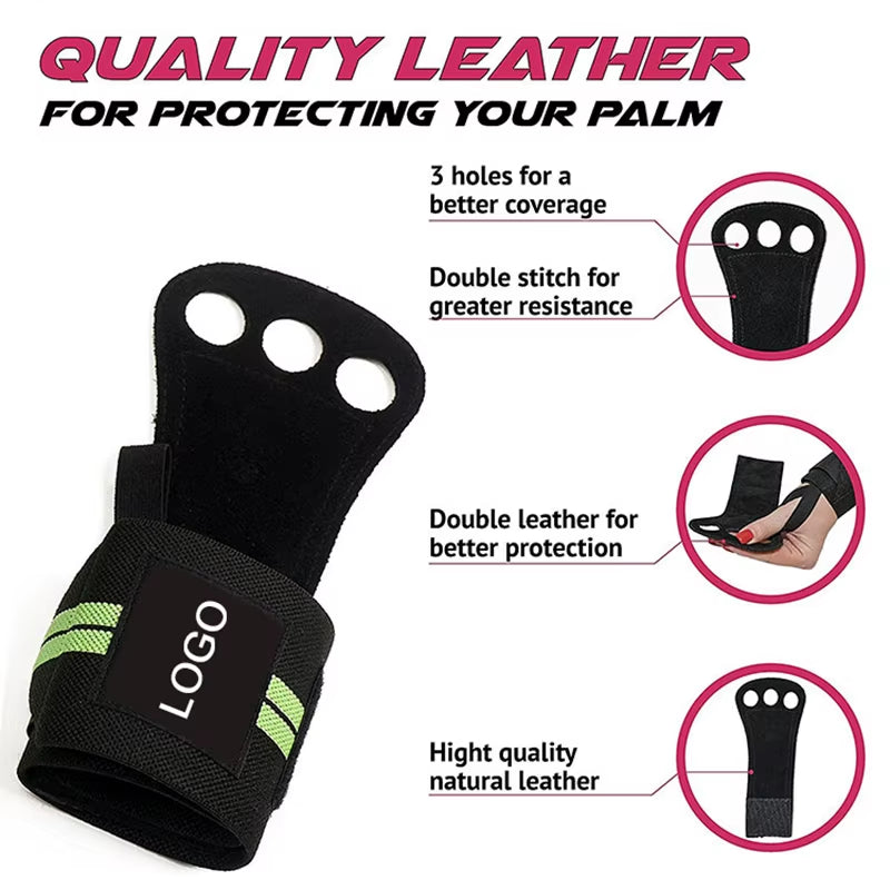 3 Holes Gymnastics Hand Grips Cowhide Leather with Wrist Straps Training Palm Finger Protection Weight Lifting Exercise