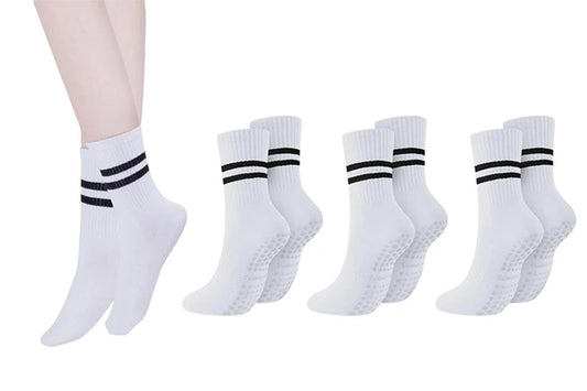 3 Pairs Yoga Socks Non-Slip Grips Anti-Skid Pilates Barre Dance Cushioned Socks-Whtie